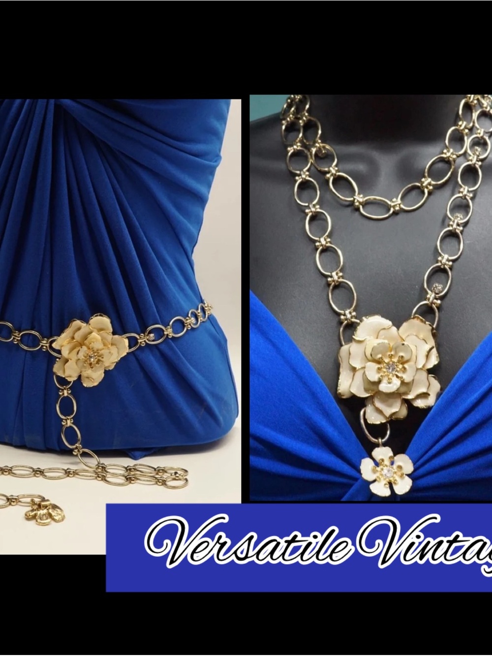Versatile vintage floral ivory enamel link chain belt or wear as necklace! N234